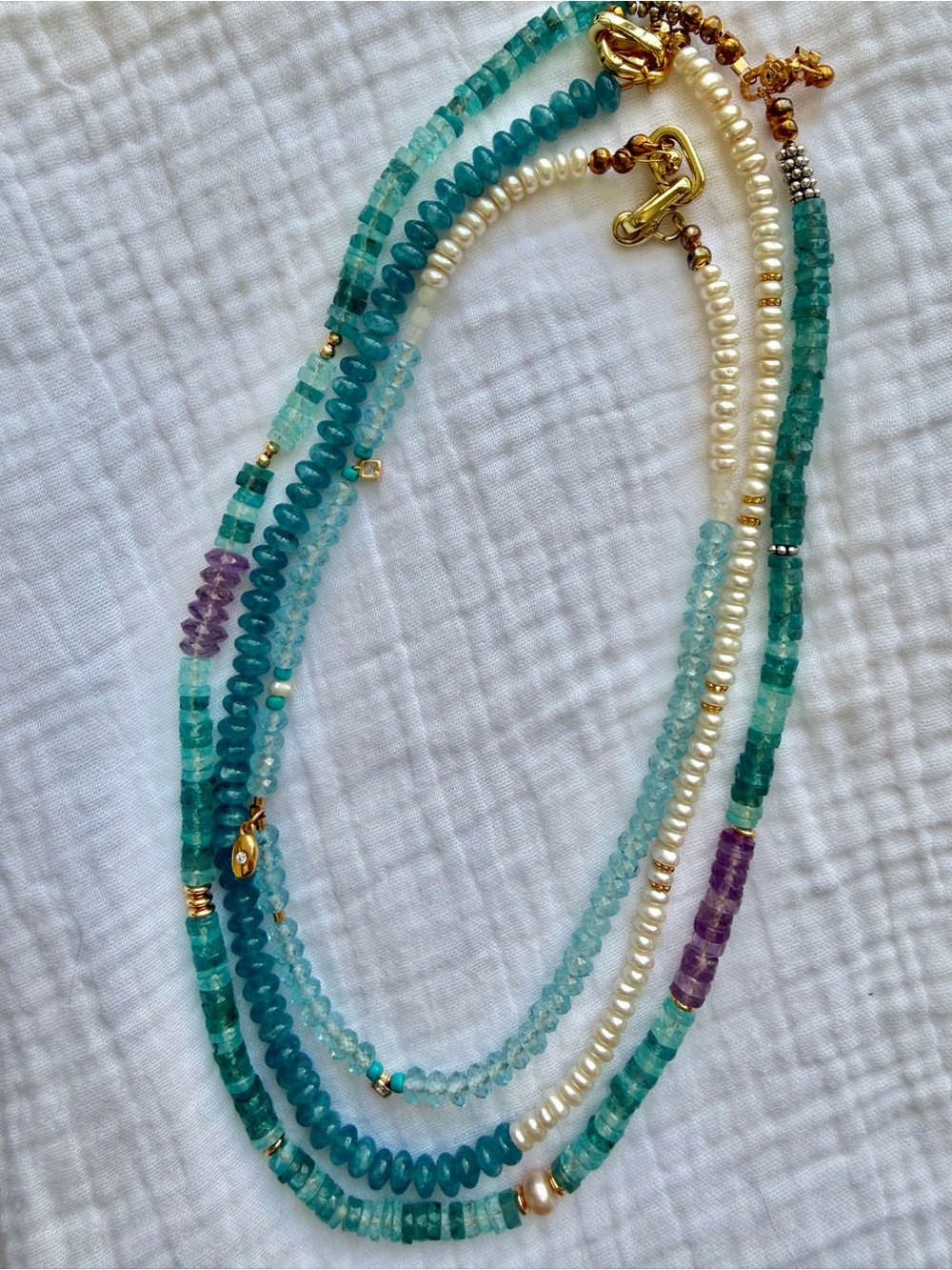 Aquamarine crystal & Bali Pearl Beaded Necklace with CZ and gold sparkles!